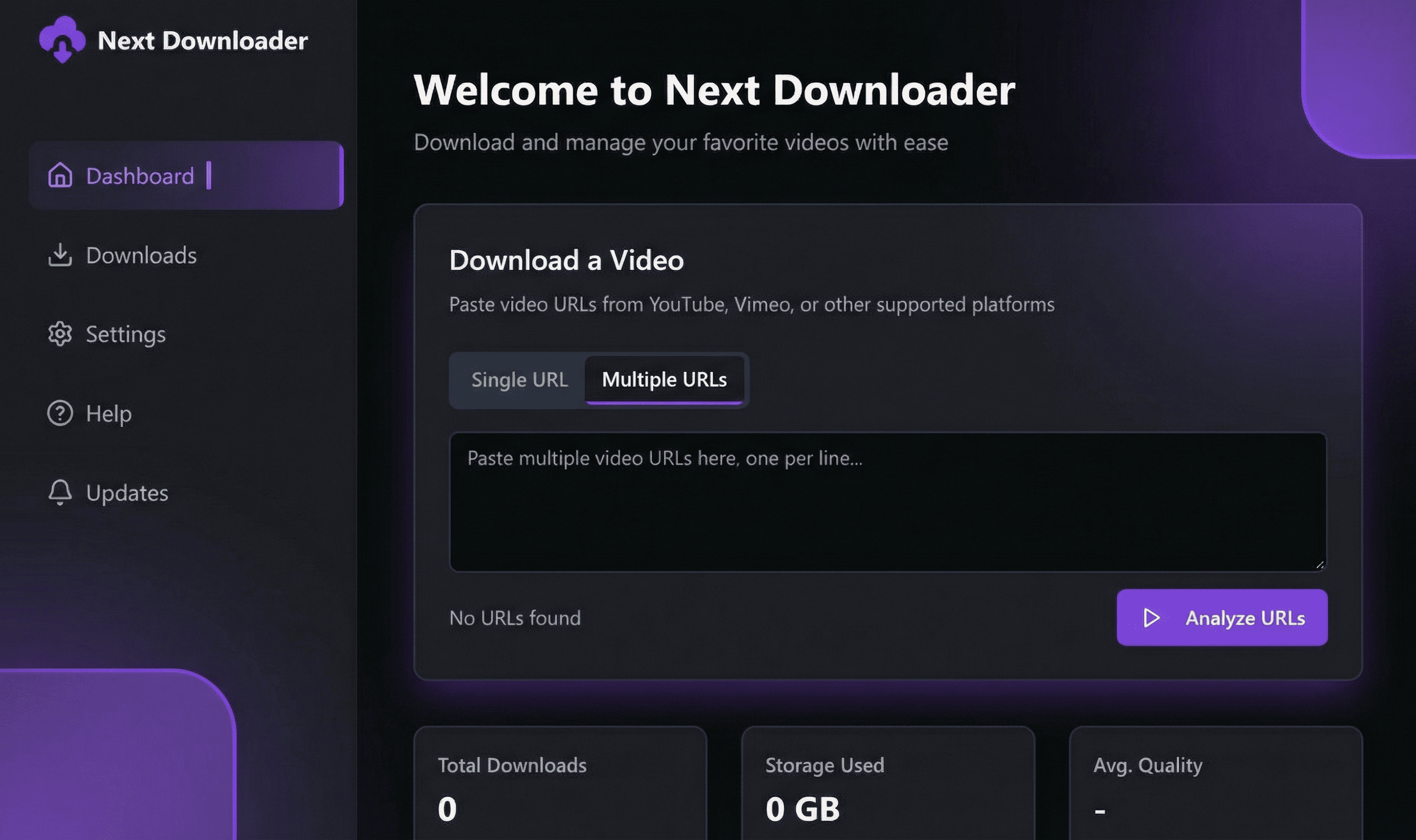 Next Downloader main dashboard with active video downloads and progress bars